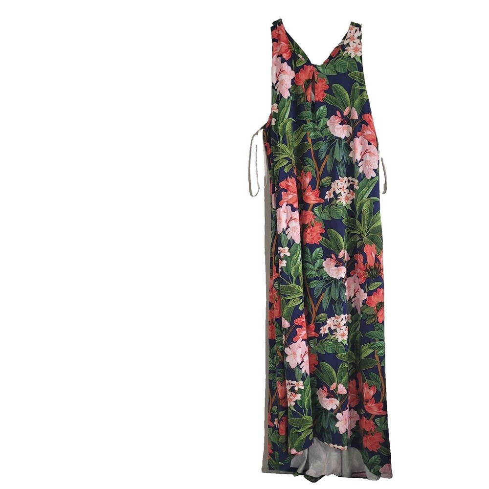 Tommy Bahama S,M long dress flower hi-low stretch tassel keyhole Hawaiian
